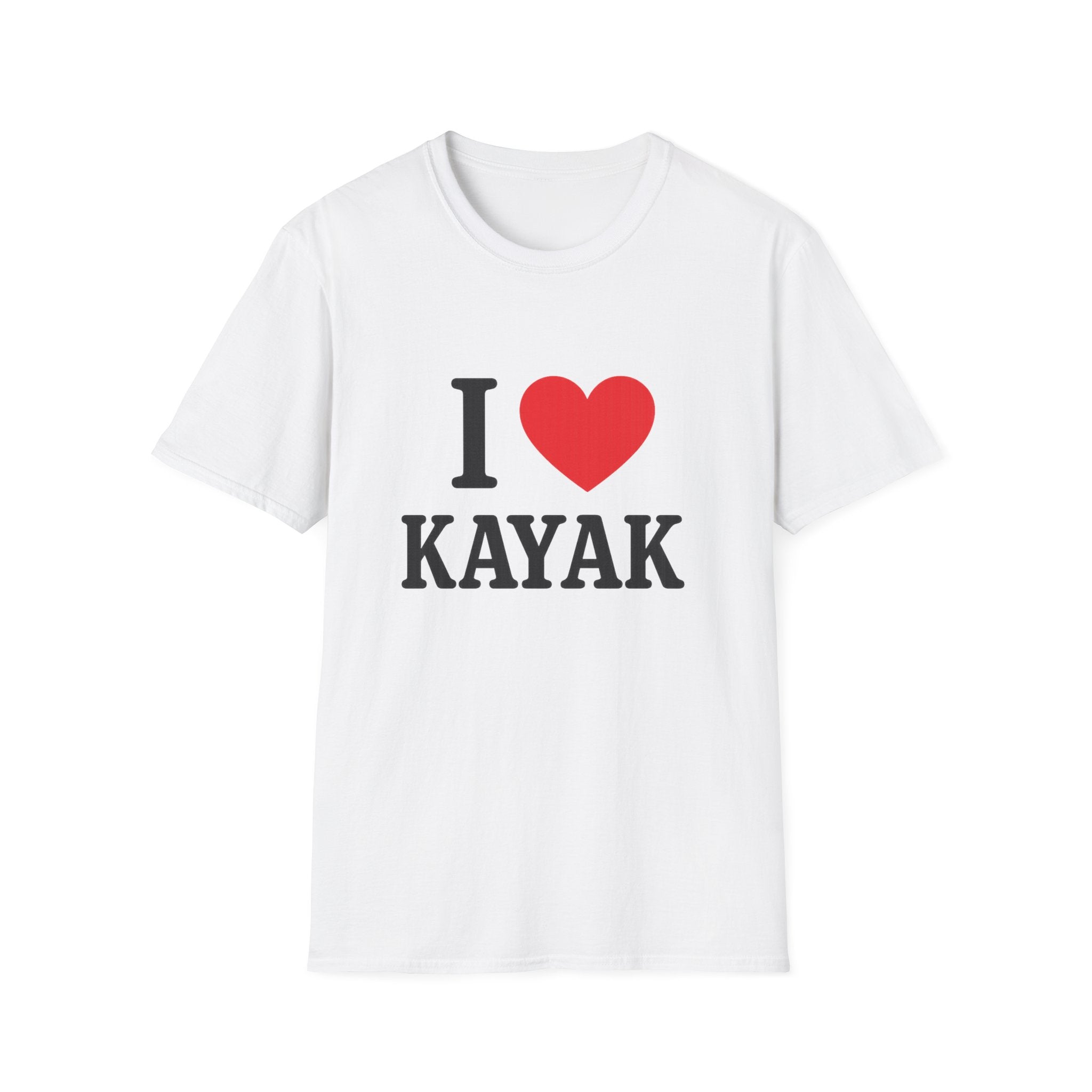 White crew neck T-shirt with 'I love Kayak' text and red heart graphic