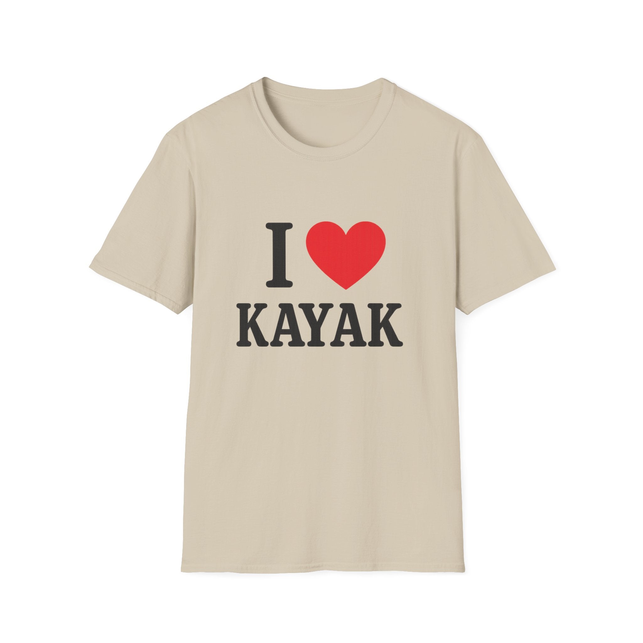 Light gray crew neck T-shirt with 'I love Kayak' text and red heart graphic