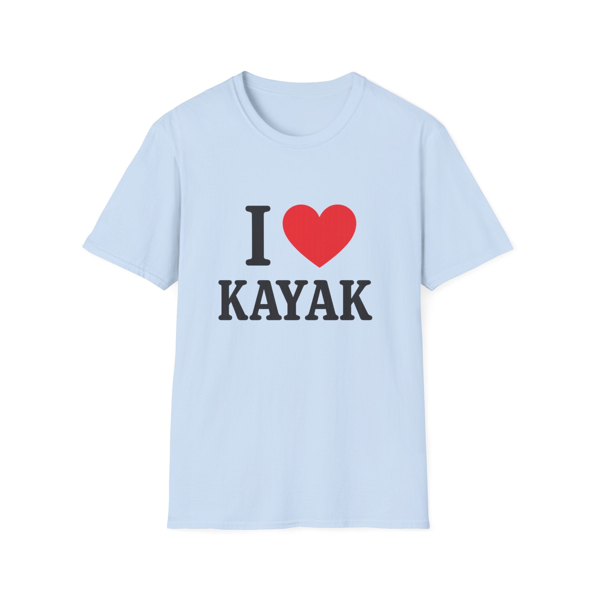 Light blue crew neck T-shirt with 'I love Kayak' text and red heart graphic