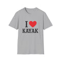 White crew neck T-shirt with 'I love Kayak' text and red heart graphic