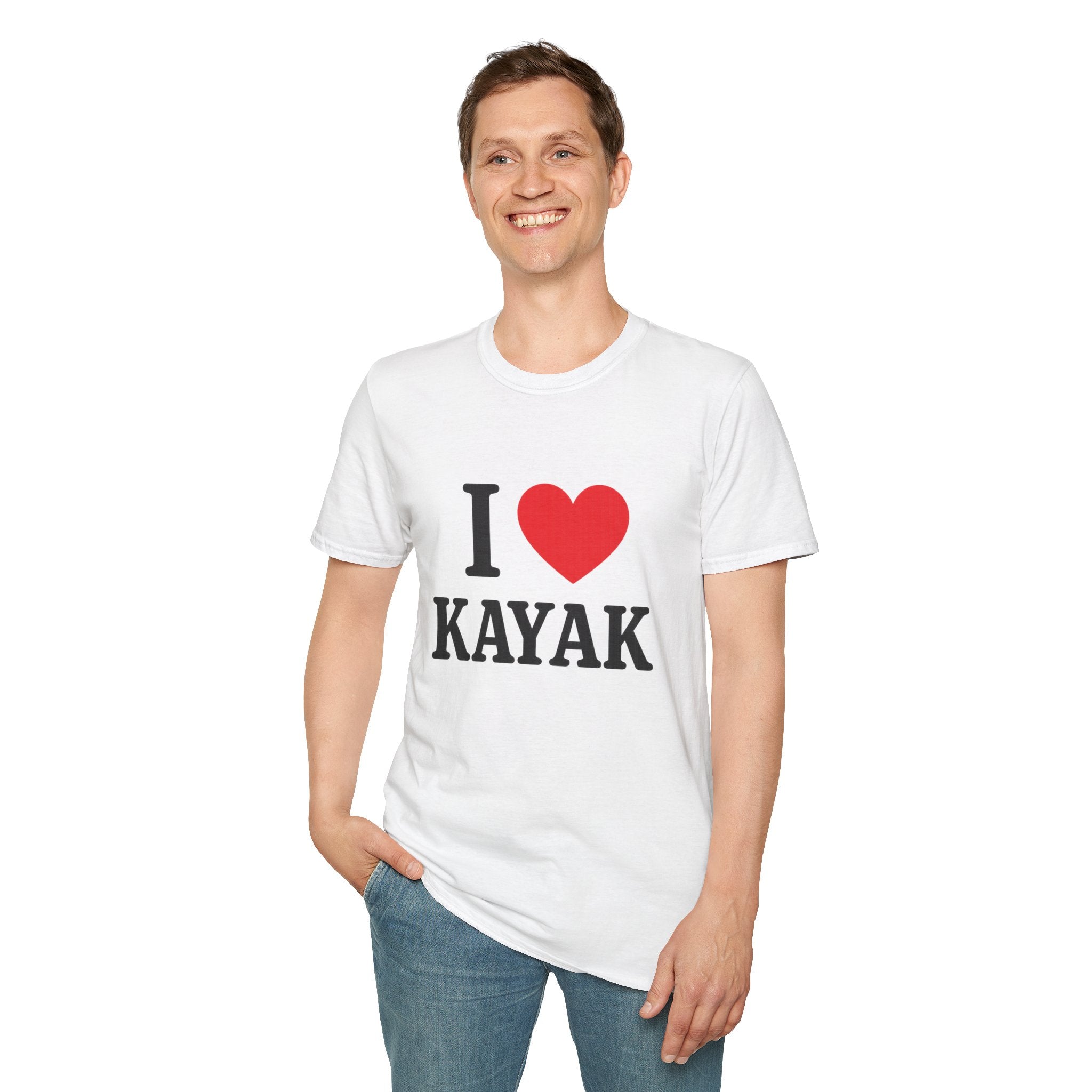 White crew neck T-shirt with 'I love Kayak' print, lightweight cotton, casual outdoor style