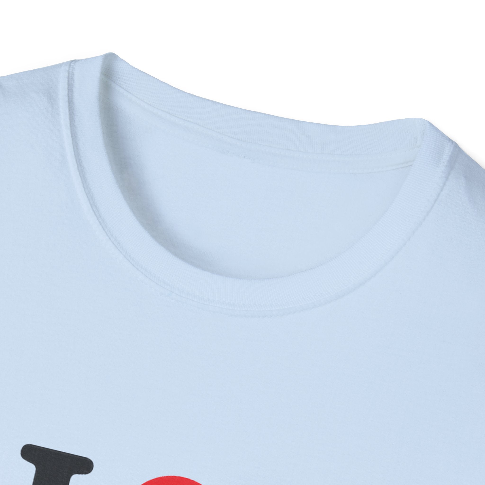 Close-up of the neckline of a light blue cotton T-Shirt for outdoor activities
