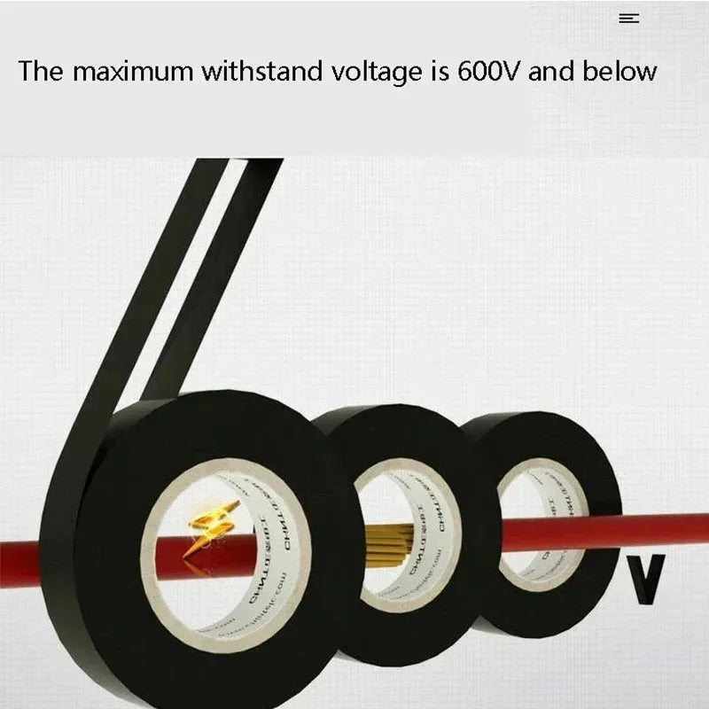 Black electrical tape with a red stripe on a white background, featuring text about voltage rating.